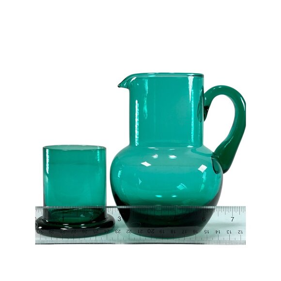 RARE Teal Glass Hand Blown Vintage Tumble Up Guest Pitcher and Cup Matching Set - Picture 11 of 15